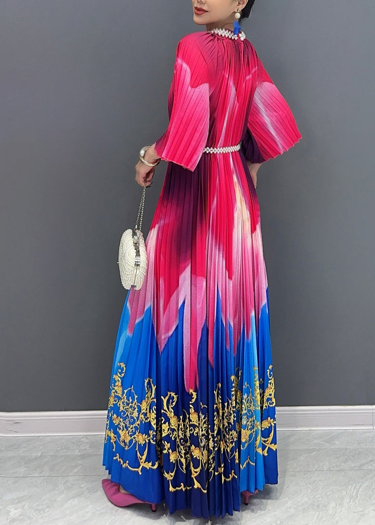 Red Blue Patchwork Print Sashes Maxi Dresses Half Sleeve