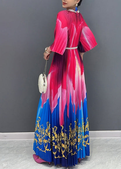 Red Blue Patchwork Print Sashes Maxi Dresses Half Sleeve