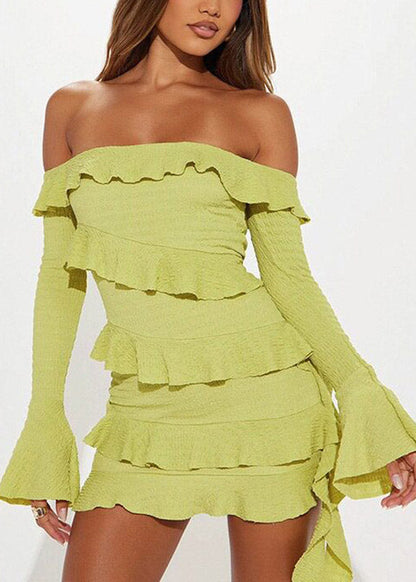 Stylish Light Green Slash Neck Ruffled Ribbon Vacation Mid Dresses Summer
