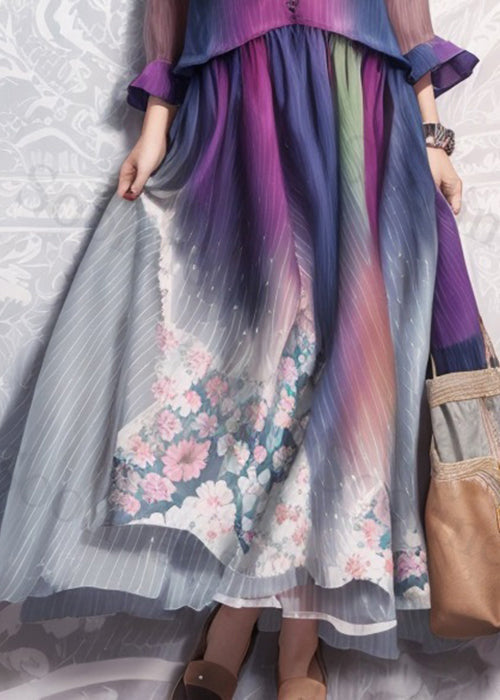 Stylish Gradient Color V Neck Print Silk Dress Long Sleeve