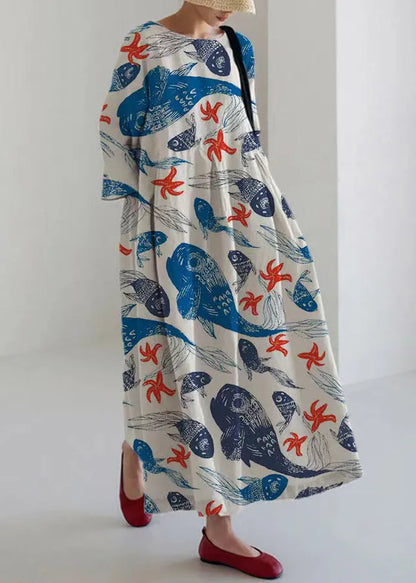Italian Purple O-neck Print Pockets Party Maxi Dress Bracelet Sleeve