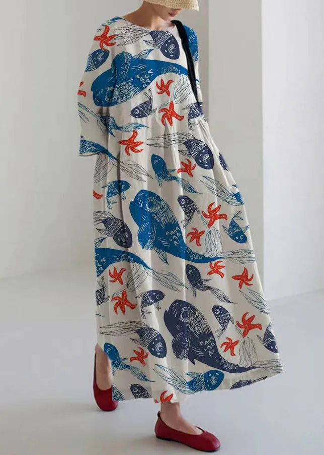 Italian Purple O-neck Print Pockets Party Maxi Dress Bracelet Sleeve
