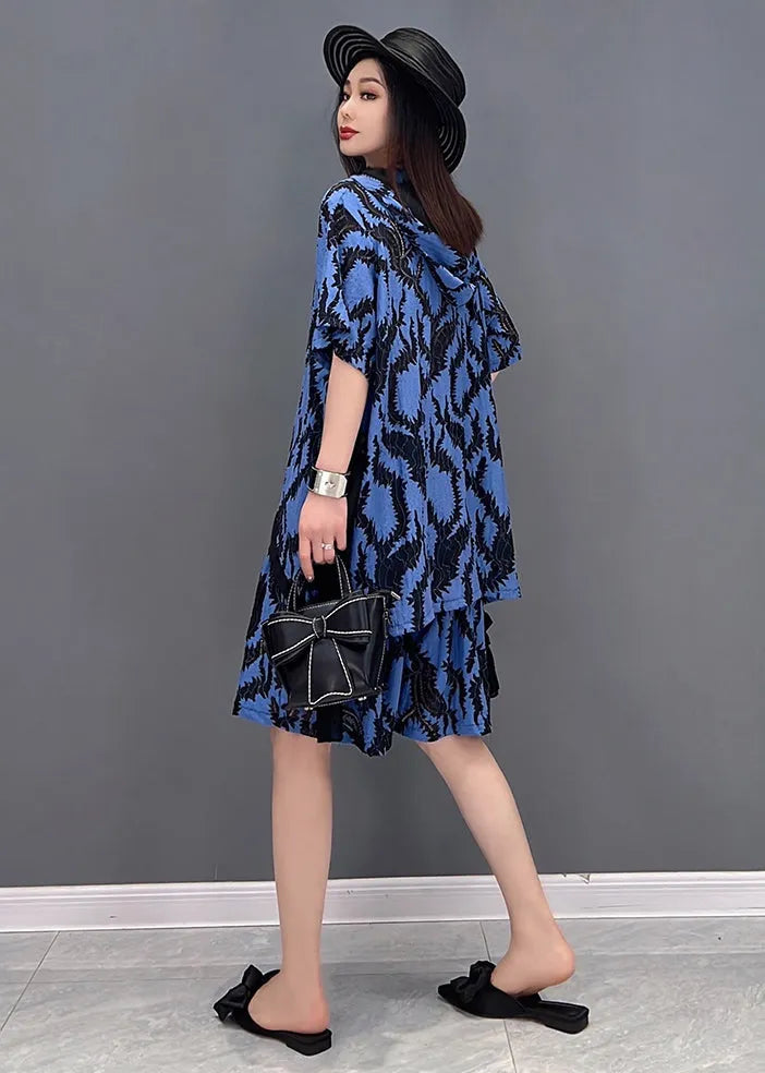 Blue Print Tops and Shorts Two Piece Suit Set Asymmetrical Side Open Summer