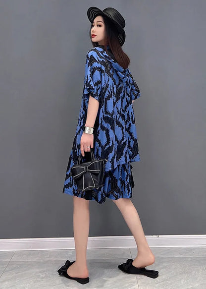 Blue Print Tops and Shorts Two Piece Suit Set Asymmetrical Side Open Summer