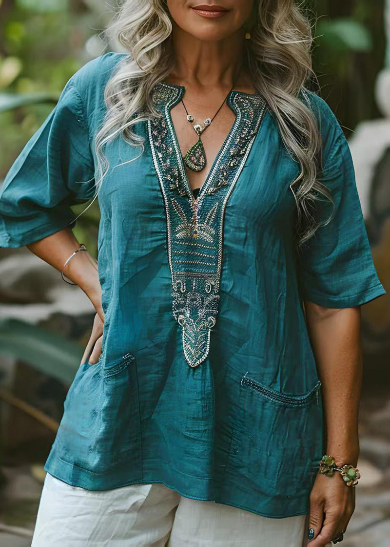 -blue-v-neck-print-pockets-plus-size-cotton-top-summer
