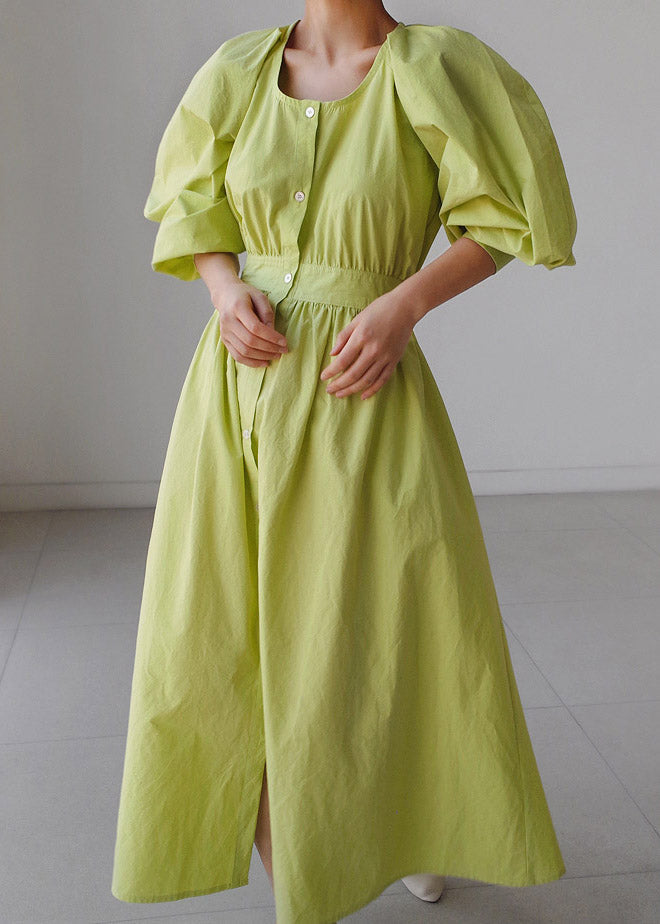 Green O-neck Button Pockets Wrinkled Cotton Long Dress Puff Sleeve