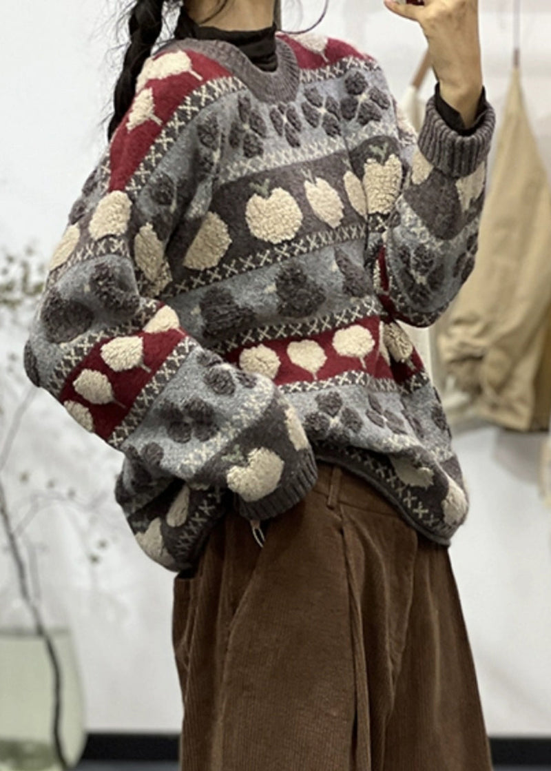 Grey O Neck Patchwork Cozy Cotton Knit Sweaters Long Sleeve