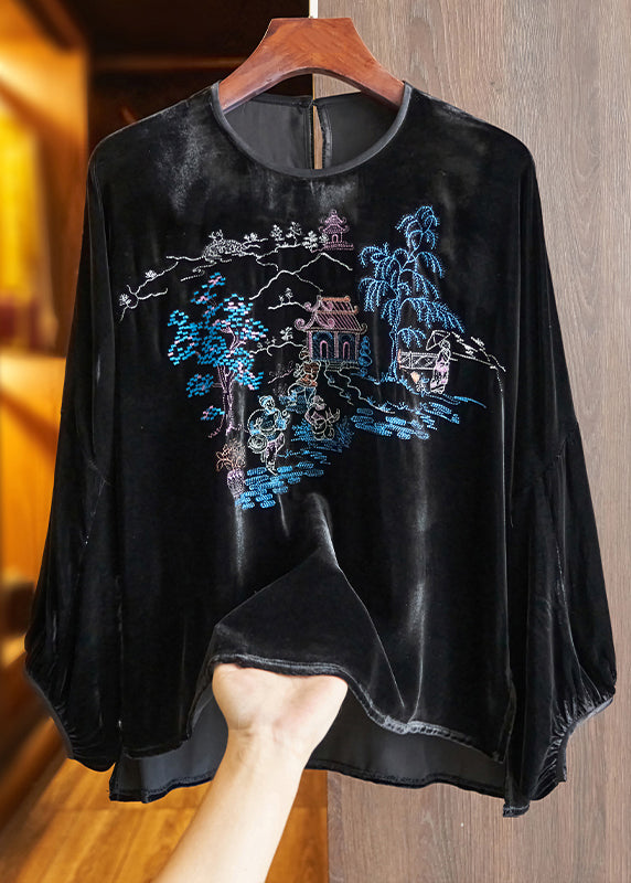 Loose Green O Neck Print Silk Velour Top Long Sleeve Spring