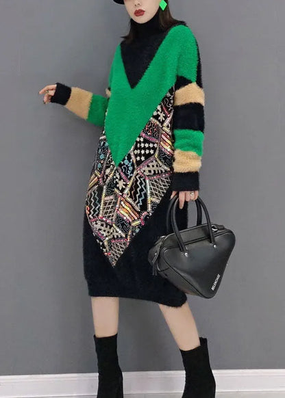 Classy Black Turtle Neck Print Thick Mink Velvet Dresses Spring