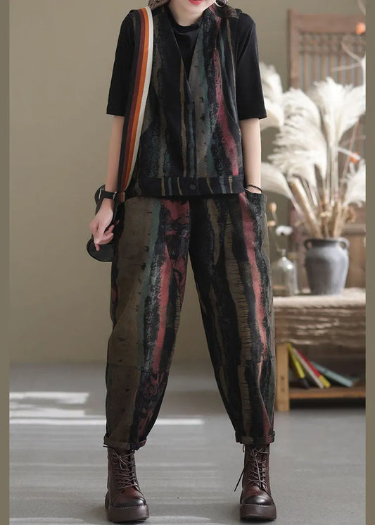 Black Print Vest Harem Pants Two Pieces Set Spring