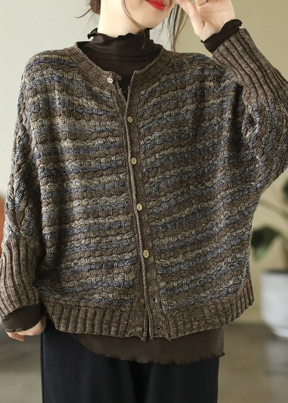 Fine Green O-neck Print Button Cotton Knit Sweaters Coats Long Sleeve