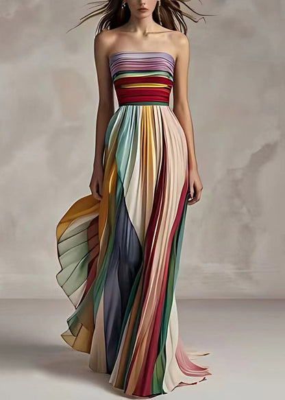 Slim Fit Striped Cold Shoulder Wrinkled Long Dress Sleeveless(ships in 24hrs)