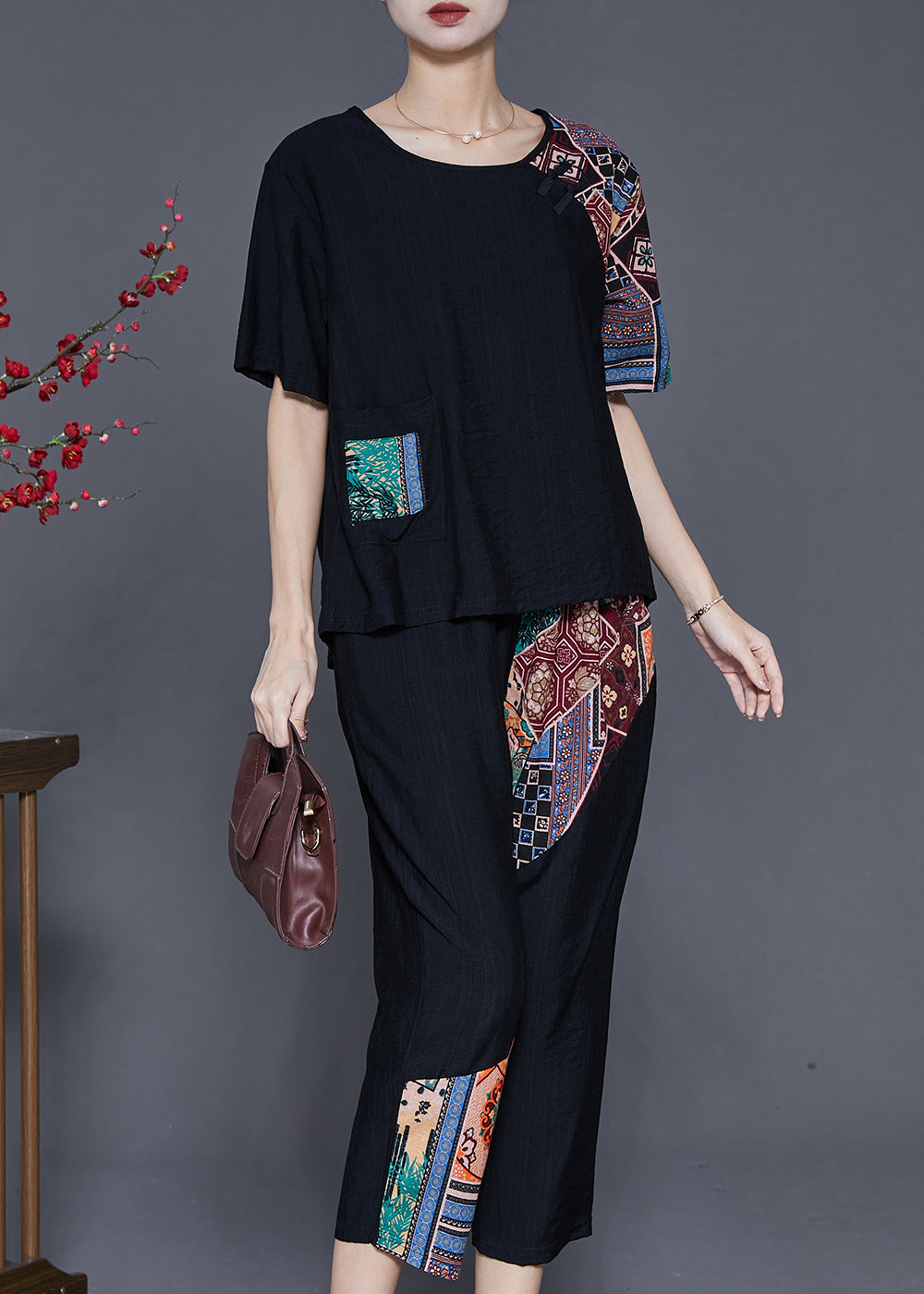 Black Oversized Patchwork Cotton Two Pieces Set Summer