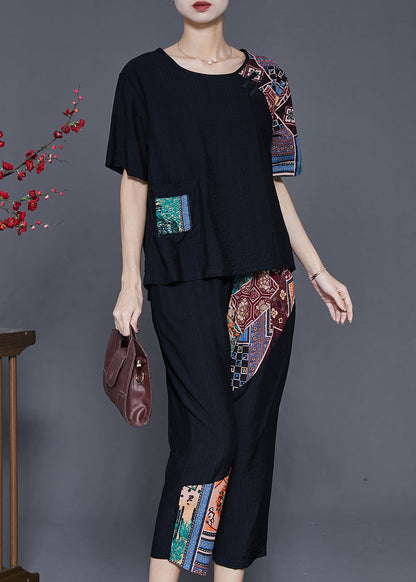 Black Oversized Patchwork Cotton Two Pieces Set Summer