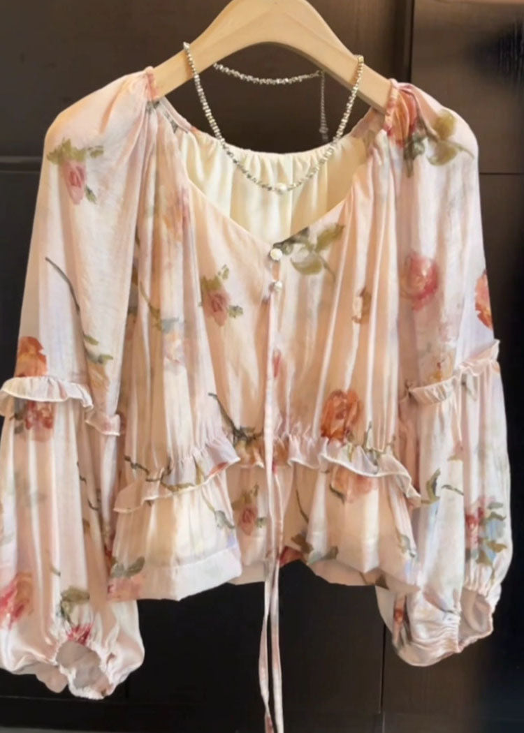 V Neck Tie Lace Print Ruffled Shirts Fall