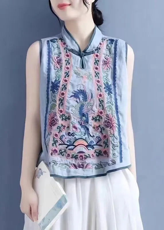 Art Light Blue Stand Collar Embroidered Waistcoat Summer
