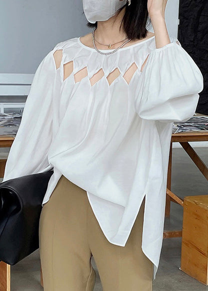 White O Neck Hollow Out Patchwork Cotton Shirt Top Fall