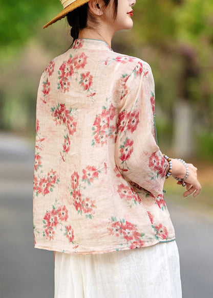 Chinese Style Red Print Button Linen Shirt Bracelet Sleeve