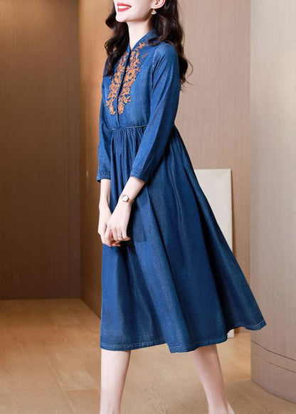 Blue Embroideried Exra Large Hem Cotton Denim Dress Bracelet Sleeve