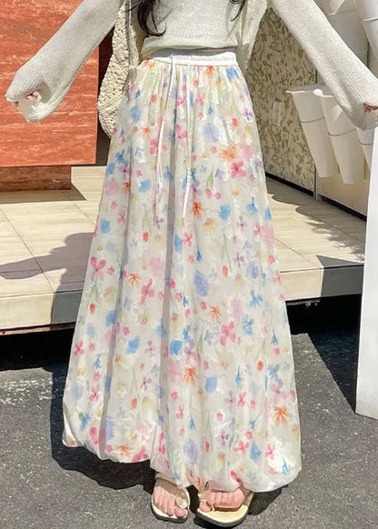 Art Print Lace Up Elastic Waist Chiffon Skirts Summer