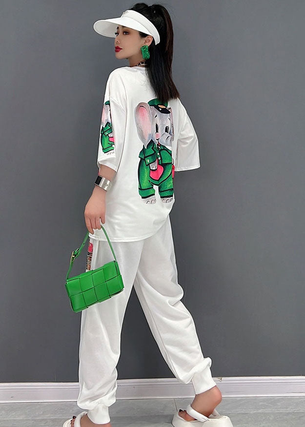 Handmade White O-neck Elephant Print Cotton Sweatshirt Two Pieces Set Short Sleeve