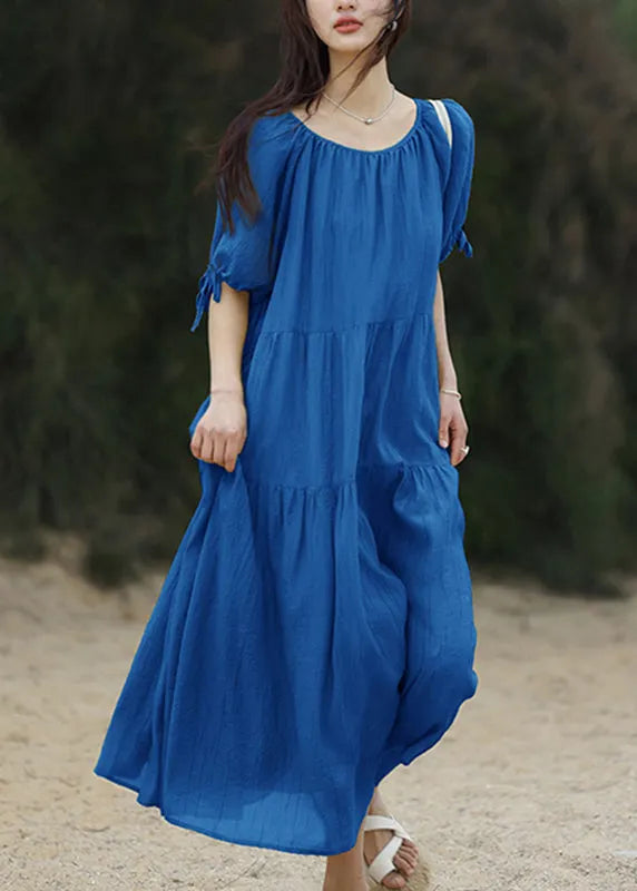 Brief Blue O-neck Patchwork Long Dresses Summer