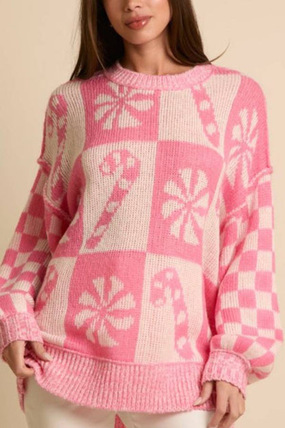 Christmas Snowflake Candy Crew Neck Long Sleeve Loose Knit Sweater