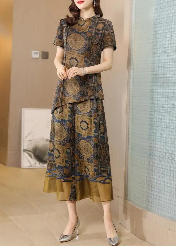 Khaki Asymmetrical Design Print Silk Two Pieces Set Summer