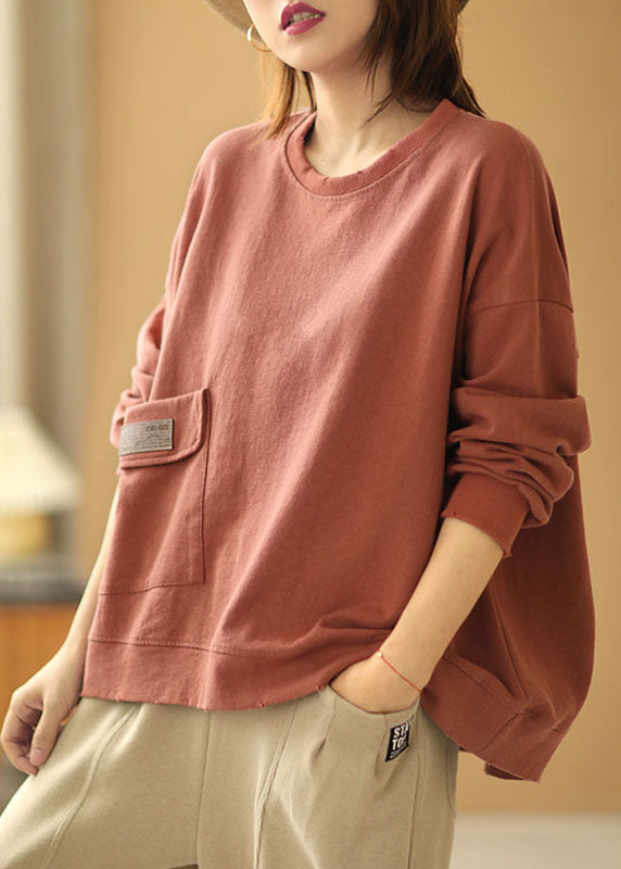 Comfy Brick Red Loose O-neck Pockets Fall Sweatshirt Street Wear