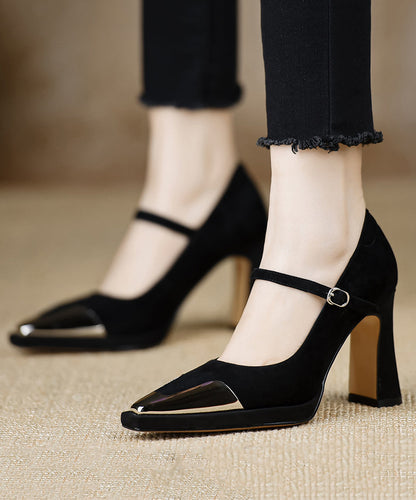 Sequined Splicing Chunky High Heels Black Suede