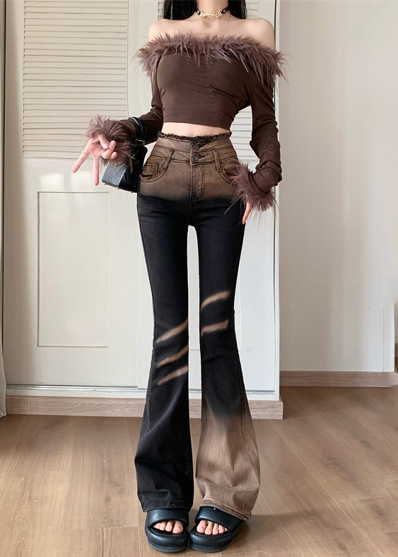 Gradient Color High Waist Tie Dye Denim Flared Trousers Spring