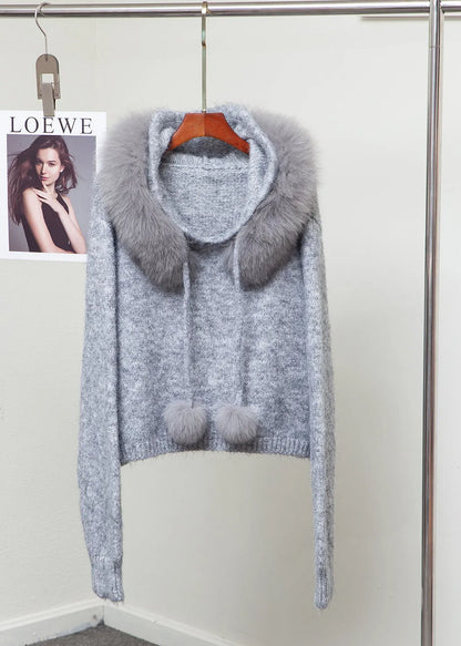 Fox Collar Fuzzy Ball Decorated Warm Knit Sweater Winter