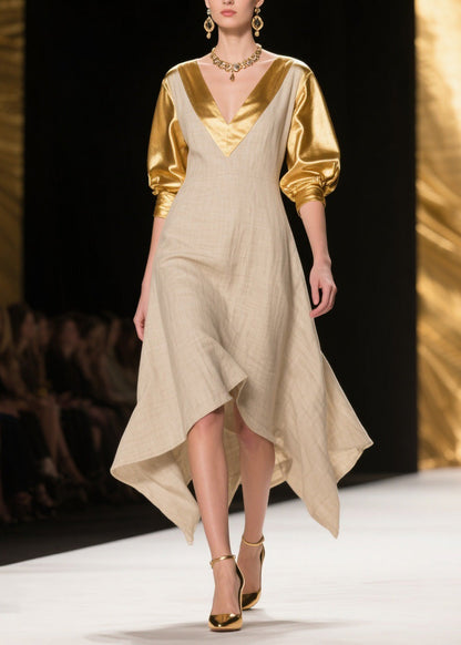 V Neck Asymmetrical Design Patchwork Linen Silk Dress Summer