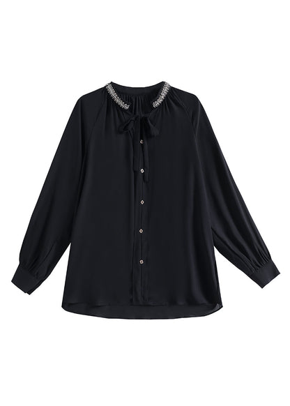 Modern Black Stand Collar Button Chiffon Shirt Long Sleeve