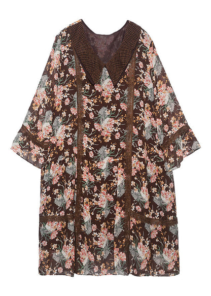 Fitted Coffee Peter Pan Collar Patchwork Print Chiffon Dresses Bracelet Sleeve