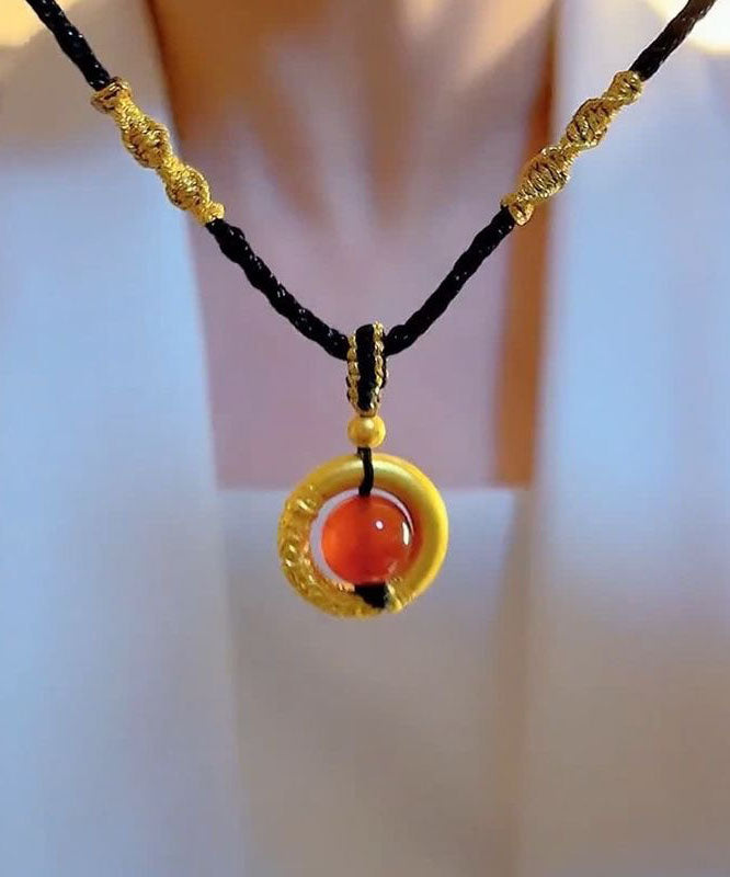 Gold Hand Knitting Agate Jade Pendant Necklace