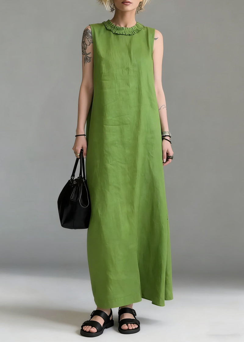 Simple Green Ruffled Cotton Long Dress Sleeveless