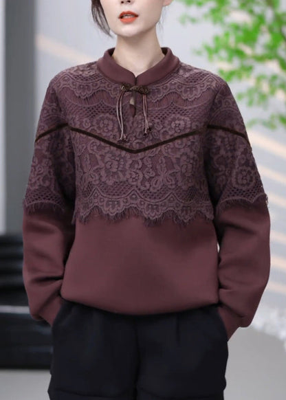 Brown Lace Patchwork Cotton Sweatshirt Winter