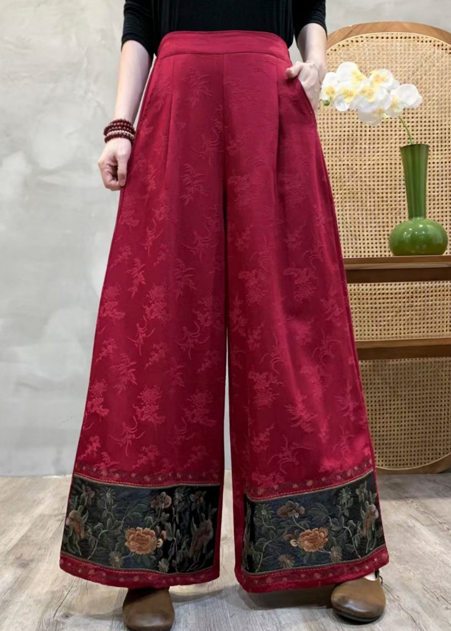 Red Embroidered Jacquard Cotton Pants Spring