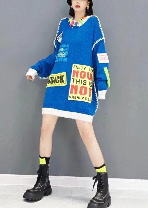 Natural Blue O-neck Patchwork Fall Long Knit Dress