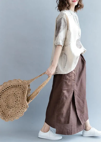 Art Beige Peter Pan Collar Print Cotton Blouse Tops Half Sleeve