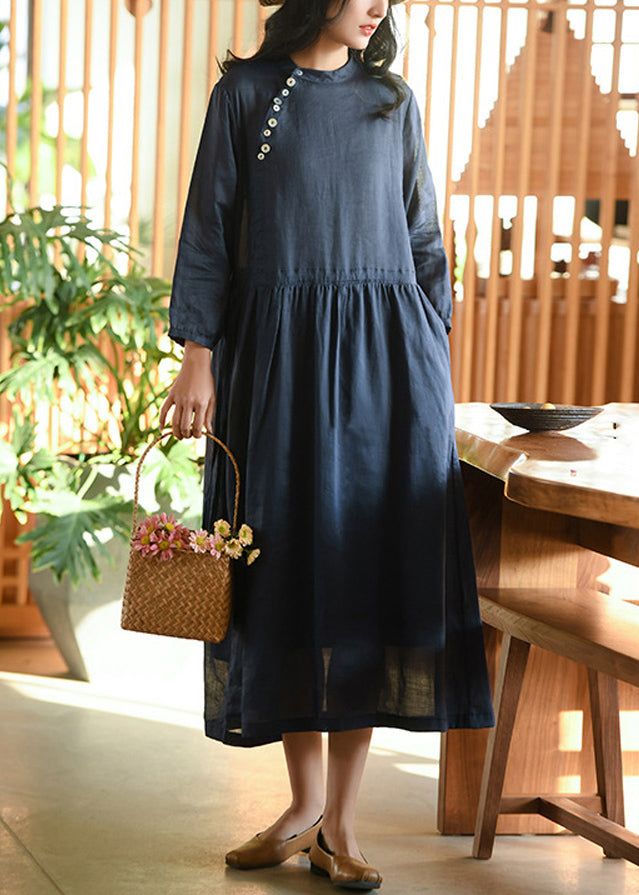 Navy Wrinkled Pockets Patchwork Linen Dresses Fall