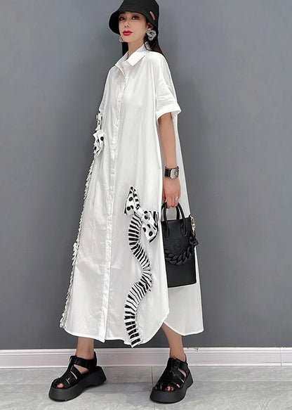Modern White Peter Pan Collar Asymmetrical Bow Button Party Dress Short Sleeve