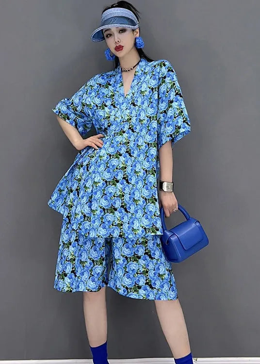 Blue V Neck Print Cotton Cinch Top and Shorts Two Pieces Set Short Sleeve