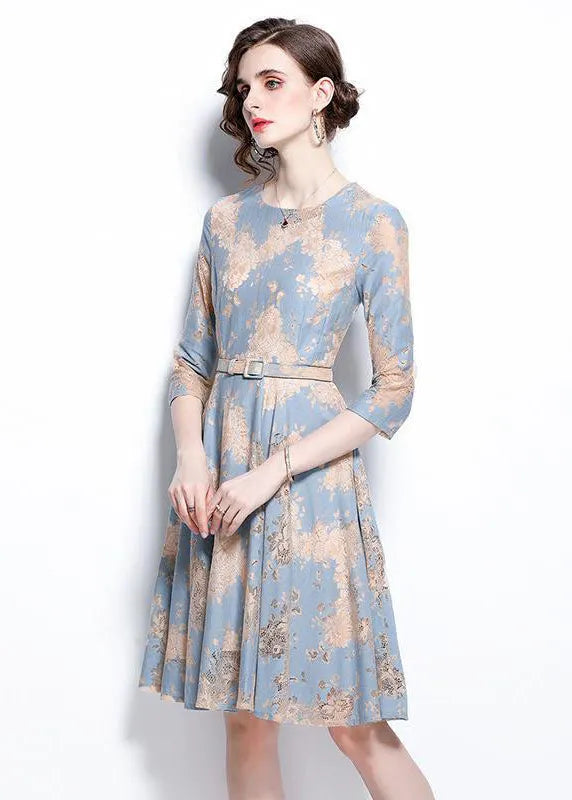 French Light Blue O-neck Embroideried Lace Cinch Dresses Bracelet Sleeve