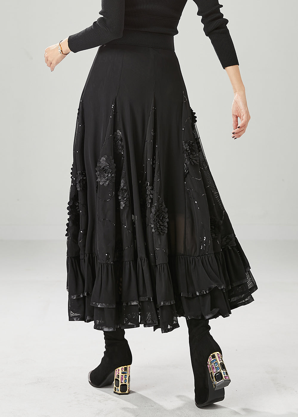 Italian Black Stereoscopic Chiffon a Line Skirt Fall