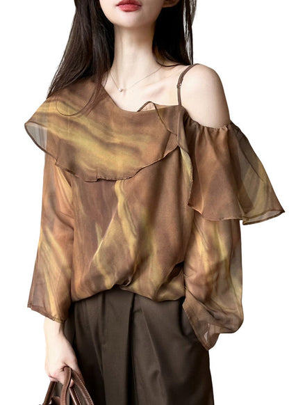Brown One Shoulder Tie Dye Chiffon Blouse Top Spring