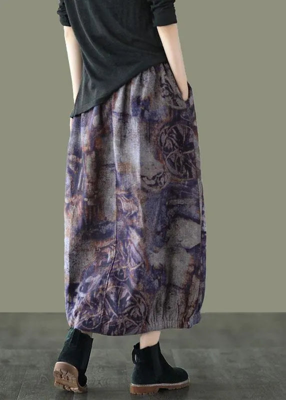 Grey Purple Retro Print a Line Pockets Fall Skirts