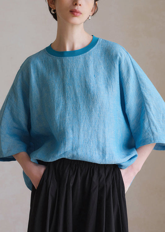 Blue O Neck Linen Shirt Half Sleeve