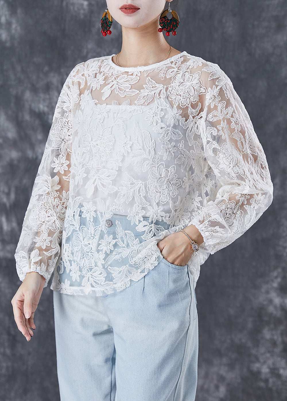 Italian White Embroideried Hollow Out Tulle Two Piece Set Fall